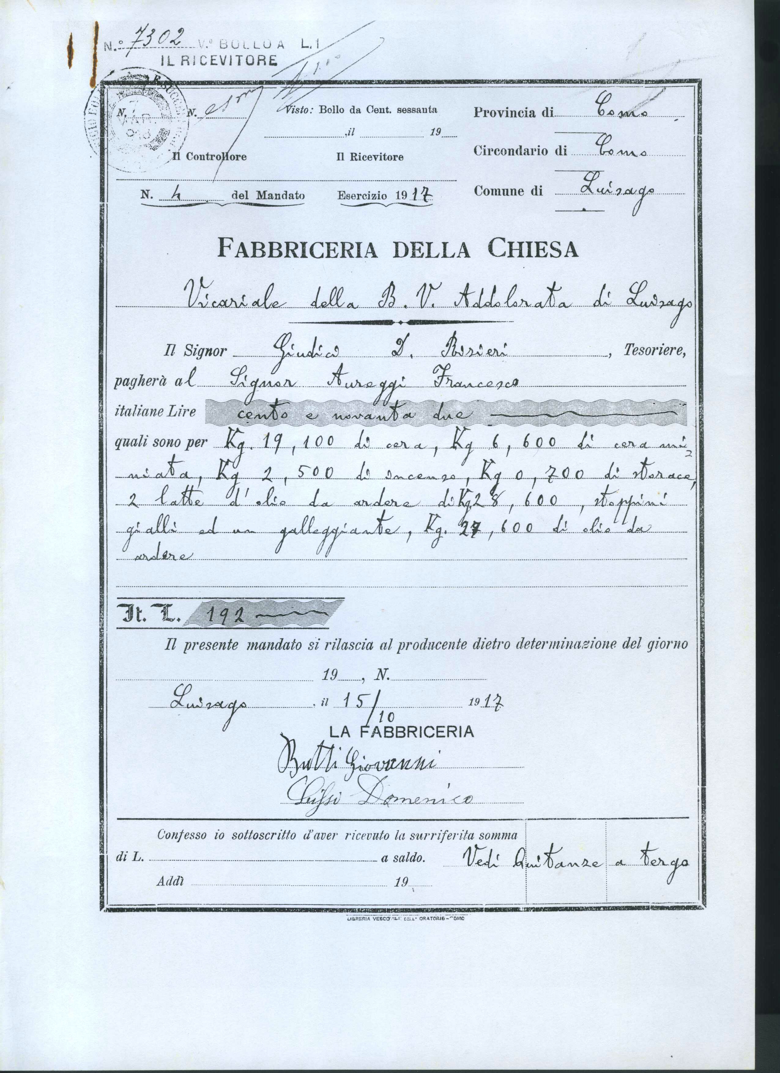 Documento magazzino Chiesa B.V. Addolorata - 1917
