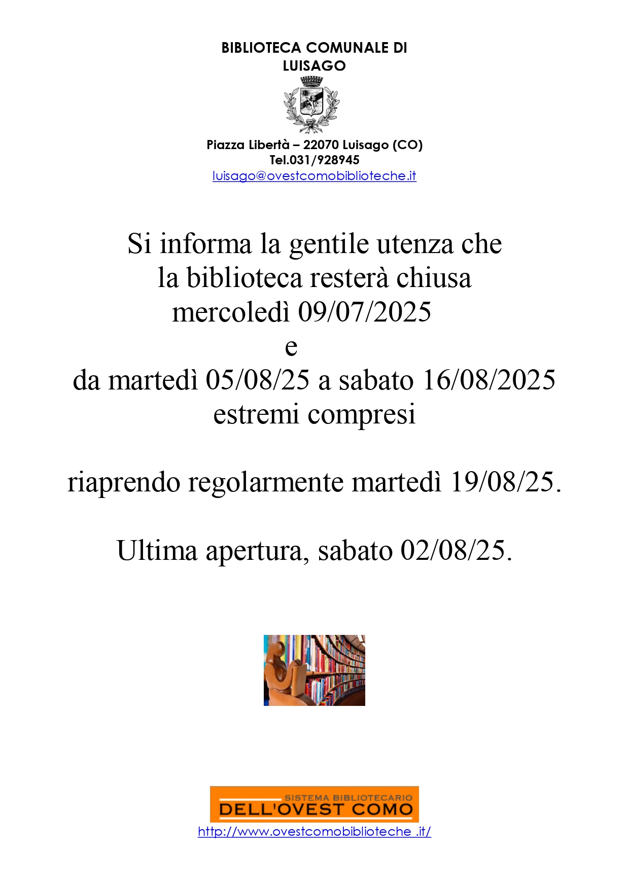 CHIUSURA BIBLIOTECA COMUNALE