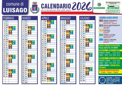 Calendario raccolta rifiuti FEB-GIU 2026 foto 