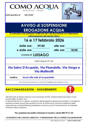 SOSPENSIONE EROGAZIONE ACQUA 16-17 FEBBRAIO foto 