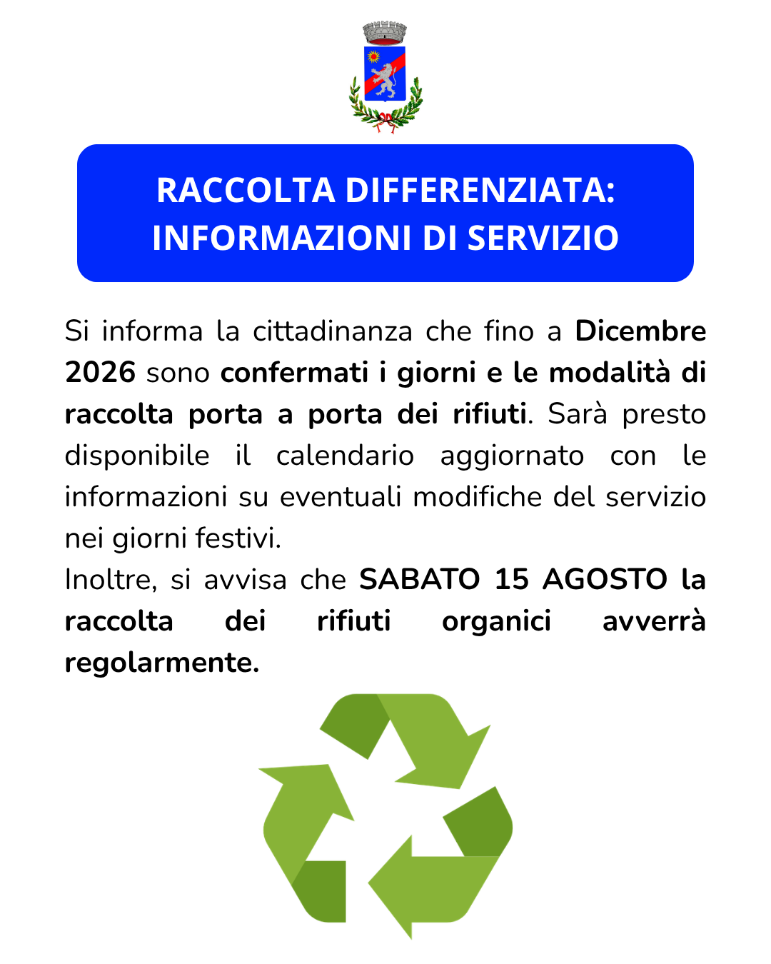 RACCOLTA DIFFERENZIATA: INFO DI SERVIZIO foto 