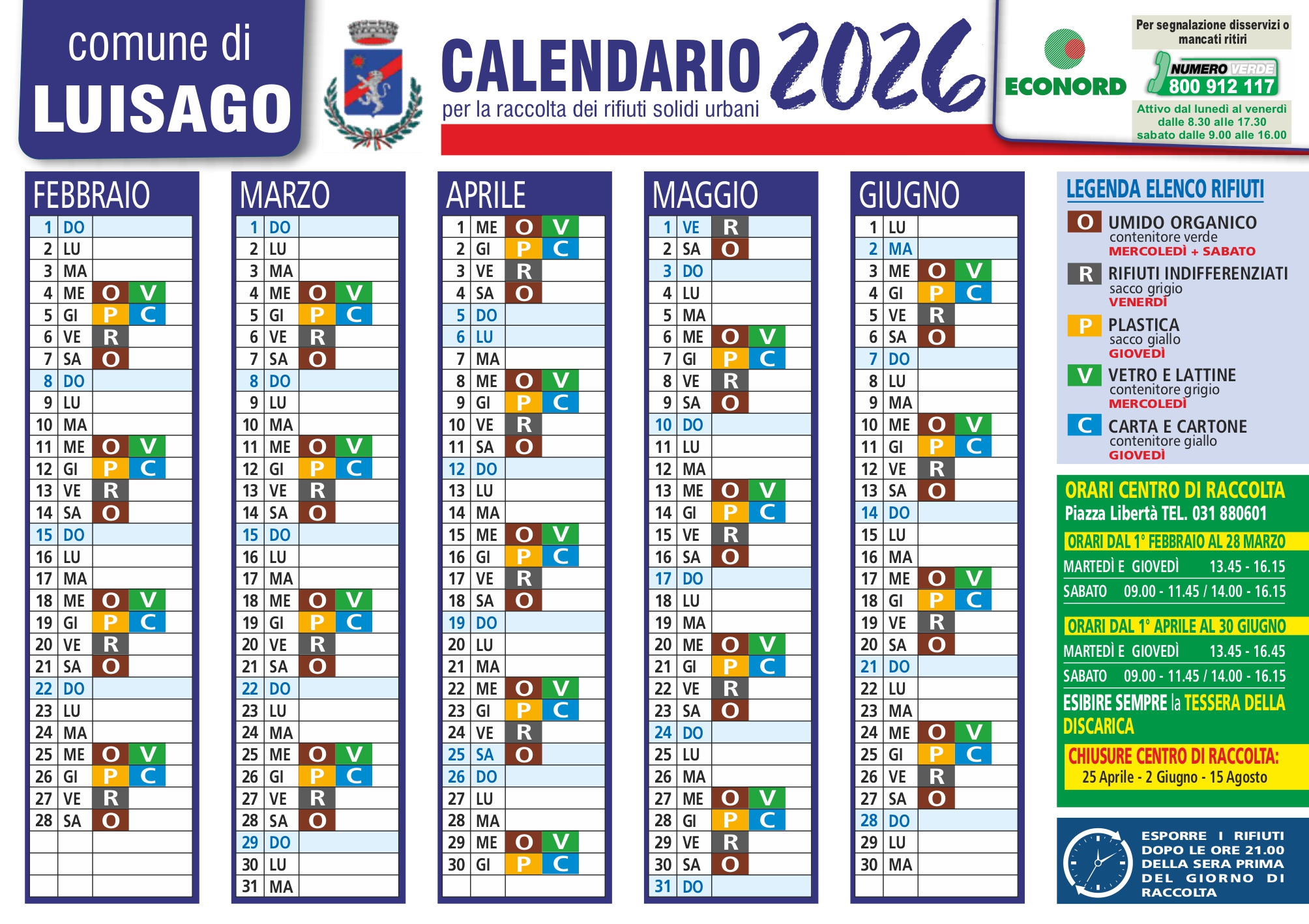 Calendario raccolta rifiuti FEB-GIU 2026