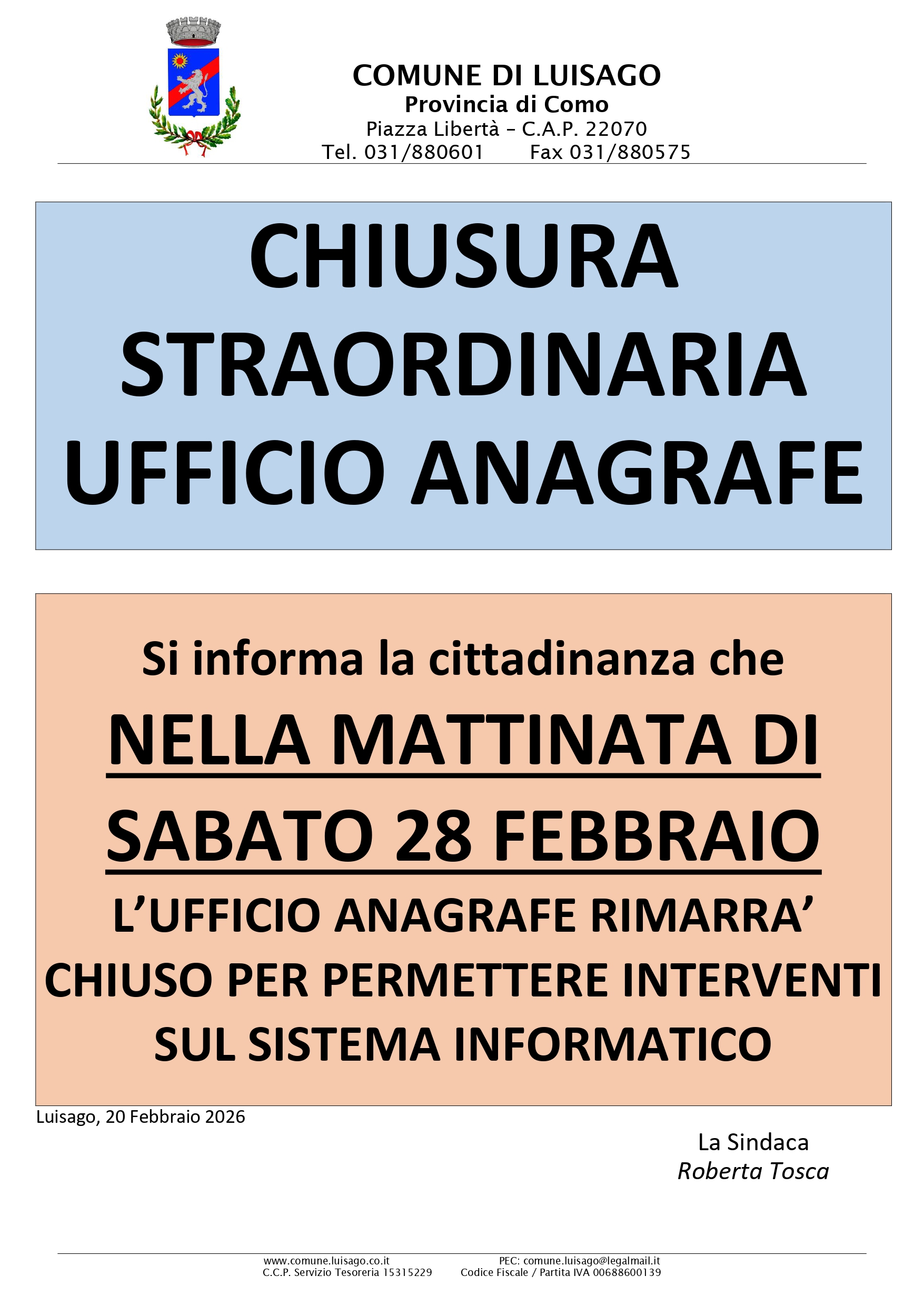 CHIUSURA STRAORDINARIA UFFICIO ANAGRAFE