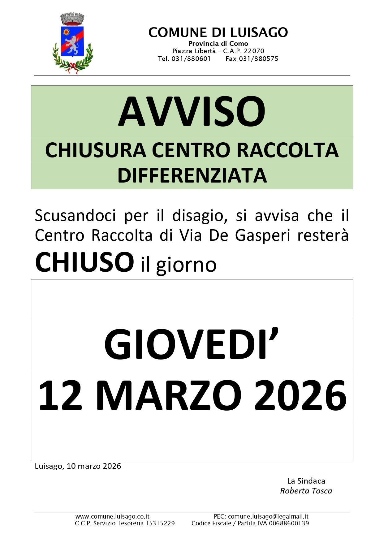 CHIUSURA CENTRO RACCOLTA DIFFERENZIATA - 12/03