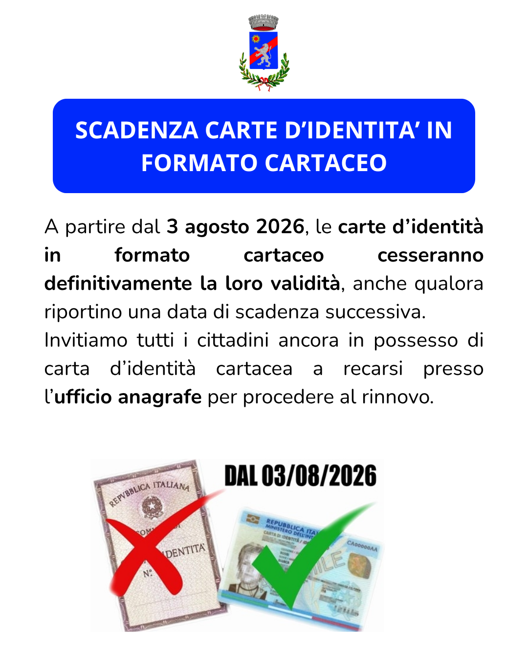 SCADENZA CARTE D'IDENTITA' FORMATO CARTACEO