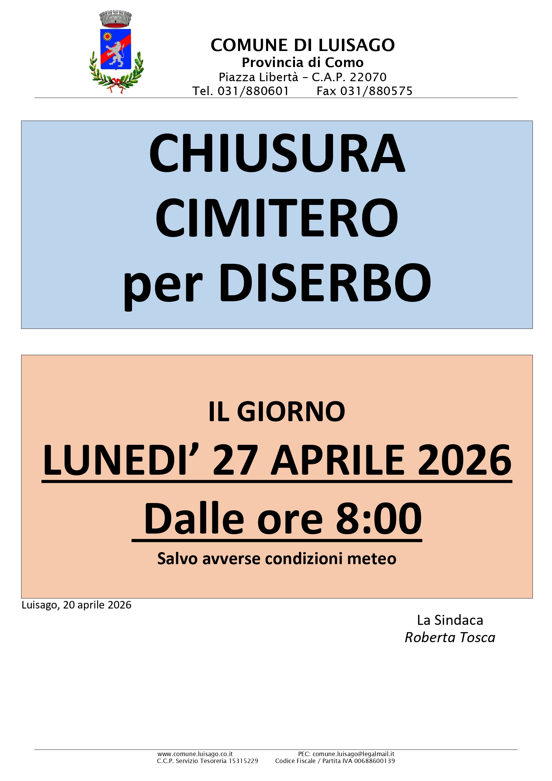 CHIUSURA CIMITERO PER DISERBO