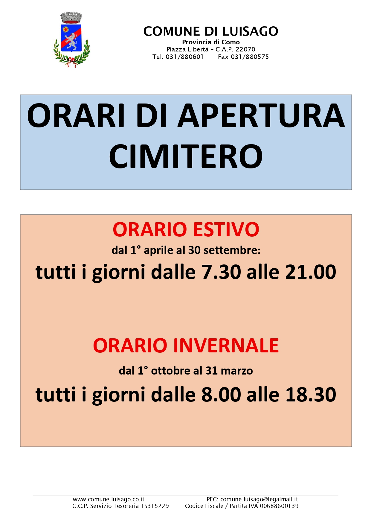 ORARI APERTURA CIMITERO