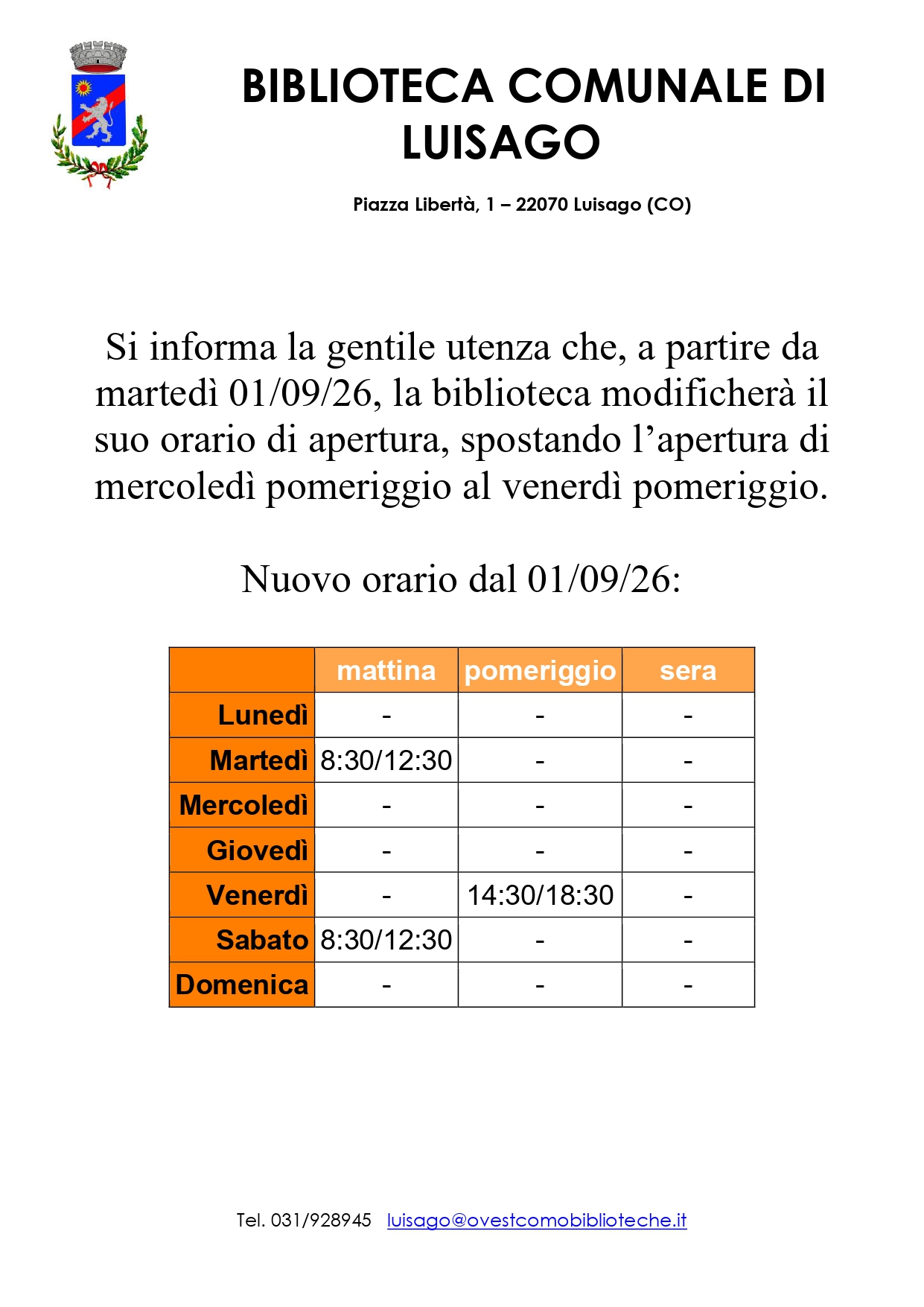 NUOVO ORARIO BIBLIOTECA